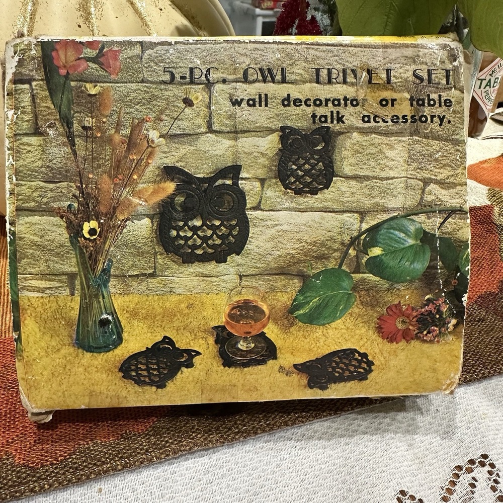 Vintage 1970s Cast Iron Owl Trivets Set Of 5 With Box Made In The USA Kitchen